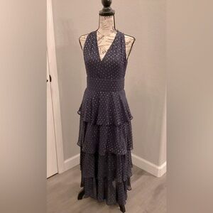 Like New Taylor Midi Dress Navy Blue Chiffon Ruffles w Silver detail